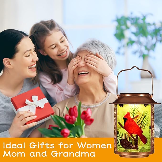 Cardinal Solar Lanterns Outdoor Waterproof,Birthday Gifts for Women Mom Grandma Garden Decor,Hanging Solar Lights Wall Mount Decorations for Yard,Front Porch,Patio,Lawn Pathway Landscape(Pine Tree)