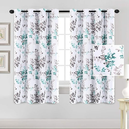 H.VERSAILTEX Floral Curtains 45 Inch Length, Room Darkening Light Blocking Drapes for Bedroom, Thermal Insulated Curtain Panels (Set of 2, Vintage Classical Floral Printing Grey and Turquoise)