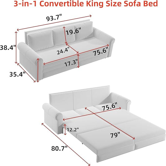 Eafurn 93.7" King Size Pull Out Sofa Bed, 3-in-1 Convertible Sleeper Sofa Couch Bed with Nailhead Decor and Rolled Arms, Faux Leather Oversized Chesterfield Loveseat Chaise Lounge