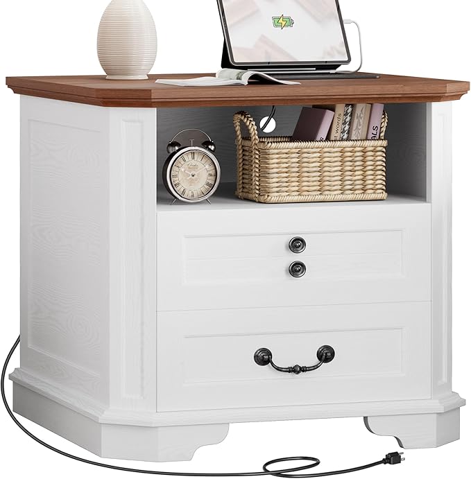 IRONCK Night Stand 23.4" Farmhouse End Table with Charging Station, Large Sofa Side Table with 2 Drawers, for Bedroom, White
