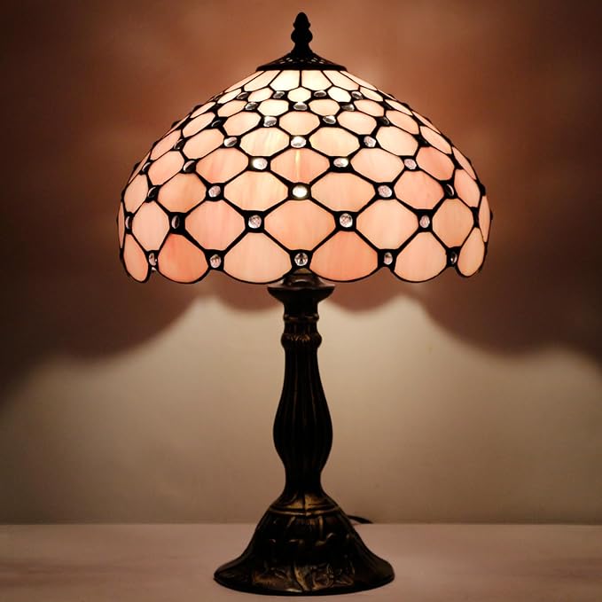 WERFACTORY Tiffany Lamp Pink Stained Glass Bead Table Lamp Desk Bedside Reading Light 12X12X18 Inches Deco Bedroom Living Room Home Office S005 Series