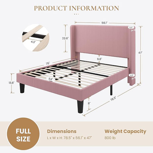 SHA CERLIN Full Size Corduroy Upholstered Platform Bed Frame with Vertical Channel Tufted Wingback Headboard, 8" Under Bed Storage, Wooden Slats & Metal Frame Support, Easy Assembly, Light Pink