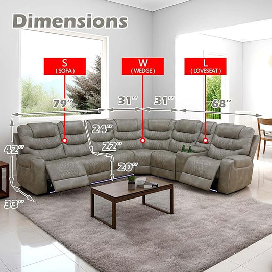 Power Reclining Sectional Sofa Set with LED Lights, Vegan Leather Grey Recliner Sectional Couch for Living Room Furniture Sets, USB Charging/Storage Console/Cup Holders,Grey