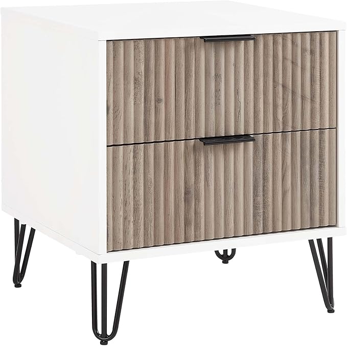 Manhattan Comfort Dumbo Modern Nightstand 2.0 with 2 Drawer & Metal Feet | Splayed Gold Legs | Vertical Ribbed Design | No Tool Assembly Storage for Bedroom, Set of 2, Set of 2, White and Rustic Grey