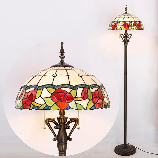 Tiffany Floor Lamp Rose Flower Style Stained Glass Standing Reading Light 16X16X66 Inches Antique Pole Corner Lamp Decor Bedroom Living Room