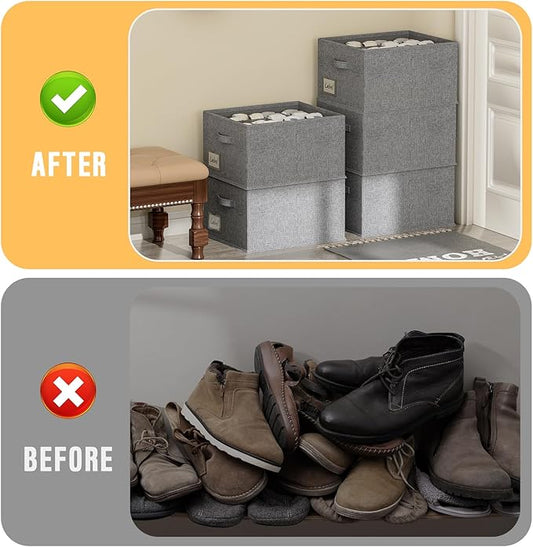 FHSQX 4 Pack Shoe Organizer for Closet,Foldable Shoe Organizer,Fits up to 48 Pairs,Storage Containers With Bottom Support for Shoes (Dark Grey, (16.5 * 12.6 * 9.5) x4)