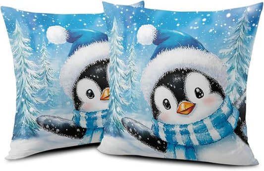 Blue Penguin Throw Pillow Covers 20x20 Lovely Penguins Snowman Winter Outdoor Pillow Cases Set of 2 Christmas Farmhouse Cushion Cases Winter Holiday Cotton Pillowcases for Home Couch Sofa