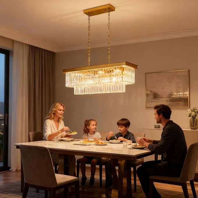 Crystal Chandeliers for Dining Room Light Fixtures Over Table,9-Lights Gold Modern Rectangle Chandeliers for Kitchen Island Bar L28 Inch