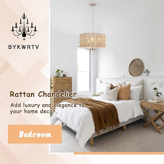 18.9'' Hand Woven Rattan Chandelier, 5-Light Brushed Nickel Chandelier Rattan Pendant Light Fixture, Wicker Farmhouse Chandeliers for Dining Room Bedroom Living Room Foyer