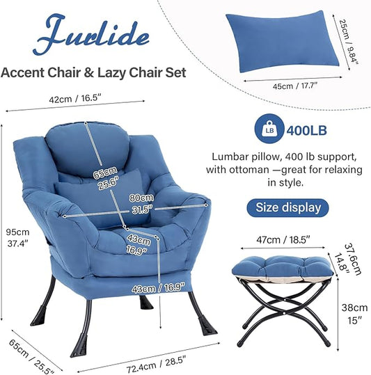Lazy Chair with Ottoman, Modern Lounge Chair with Lumbar Pillow, Accent Cozy Reading Armchair and Folding Footstool for Bedroom, Dorm, Living Room,Peacock Blue