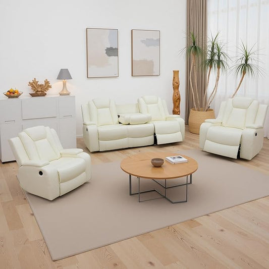 Power Recliner Sofa and 2 Chairs, Air Leather Reclining Set with LED/Cup Holders/Storage, 3 Pieces Reclining Living Room Furniture, Creamy White Leather Couches for House/Apartment/Office
