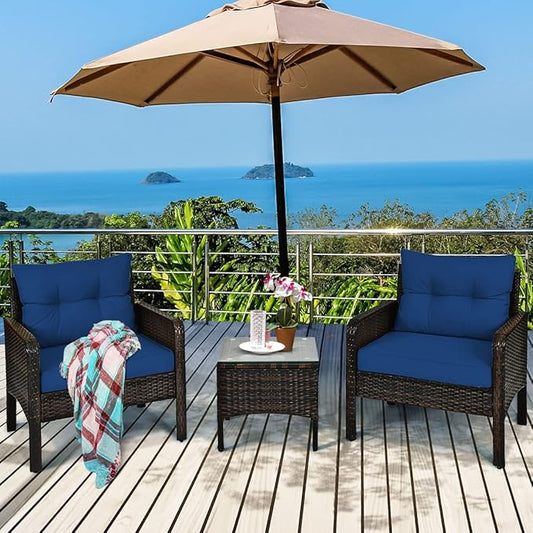 Tangkula 3 Piece Outdoor Patio Furniture Set, Wicker Chairs Set with Glass Top Coffee Table, Thick Cushions, All Weather Garden Lawn Poolside Backyard Porch Furniture Set for 2 (Blue)