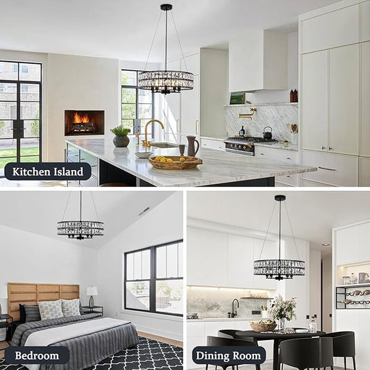 20" Black Crystal Chandelier, 5-Light Modern Dining Room Light Fixture Over Table Adjustable Height Hanging Industrial Pendant Lights Kitchen Island,Living Room Bedroom Entryway Foyer