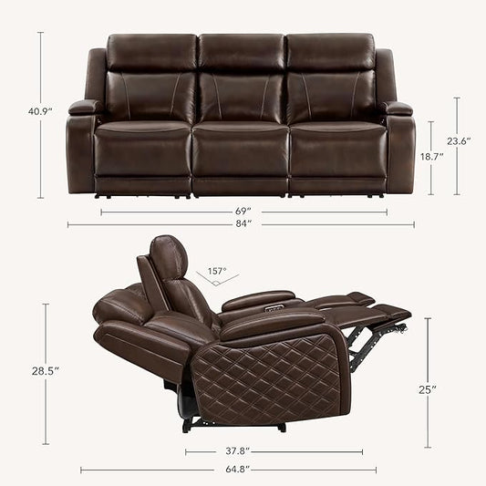 Watson & Whitely Genuine Leather Power Recliner Sofa, 3 Seater Zero Gravity Reclining Couch with Power Headrest & Flip Middle Backrest Table, Hidden Storage, Cup Holders for Living Room, Dark Brown