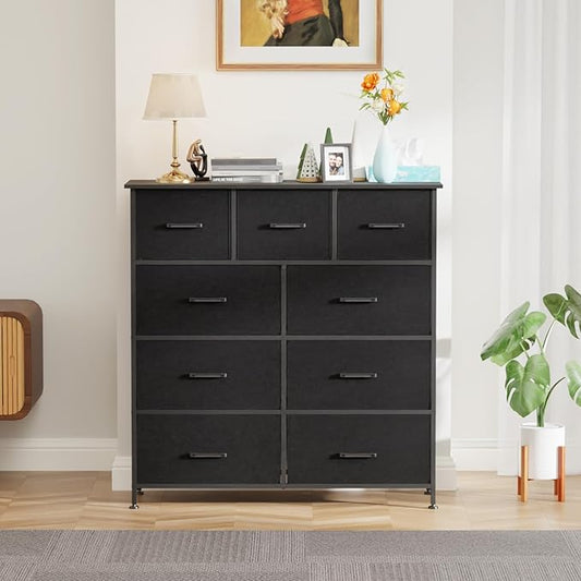 FDW 9-Drawer Fabric Dresser,Sturdy Storage Tower Dresser for Bedroom with Metal Frame,Clothes Organizer Easy-Pull Fabric Bins for Bedroom,Closet,Black
