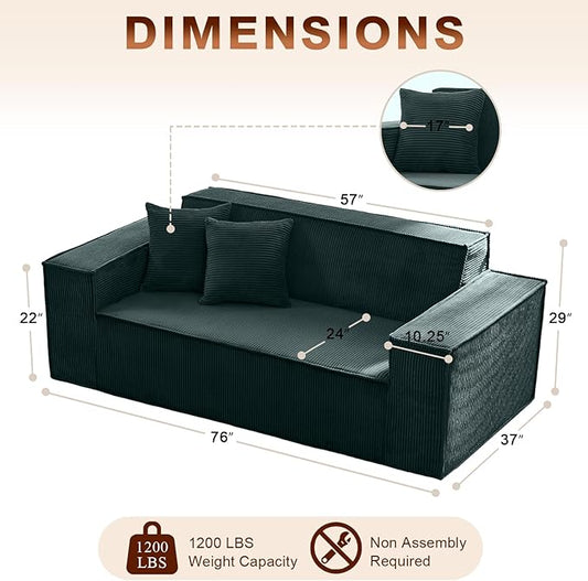 SUYOLS Corduroy Cloud Couch with Pillow, Premium Memory Foam, No Assembly Required, Deep Seat Sofa in Box, Space-Saving Chair for Home, Living Room, Bedroom, Apartment, Office, 3-Seater, Dark Green