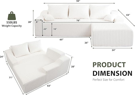HABUTWAY 94'' Cloud Sectional Couch, Boneless Sofa with Deep Seat, Modular Comfy L-Shape Couch with Chaise for Living Room Bedroom, No Assembly Required(Beige,Right Facing Chaise)