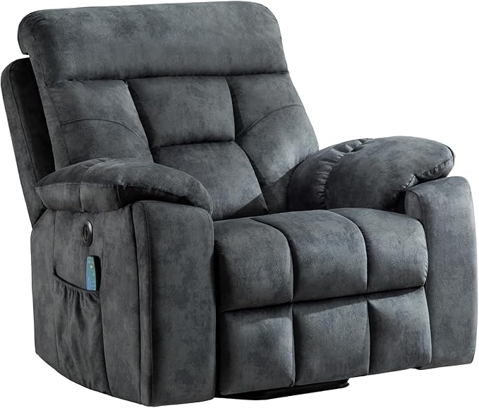 EBELLO Power Lift Recliner Chair with Massage and Heat, Soft Fabric Massage Recliner for Adults with Hidden Cup Holders, Side Pocket, Overstuffed Single Sofa for Living Room, Dark Greenish-Grey