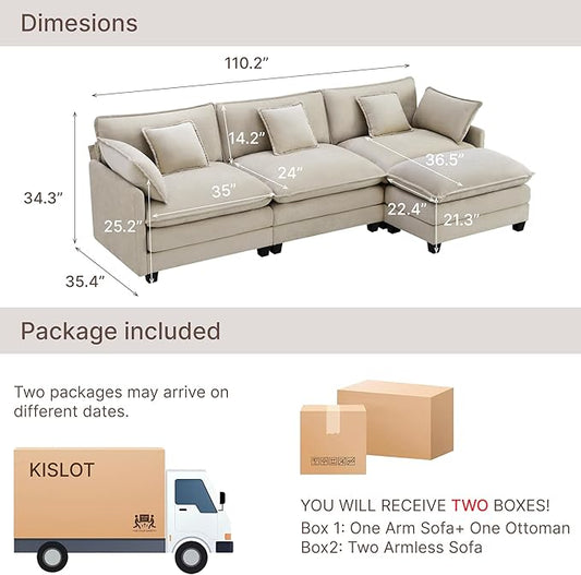 KISLOT 122" Oversized Modular Sectional Sofa,L-Shaped Cloud Couch with Movable Ottoman,Thick Cushions,4 Deep Seats with 5 Throw Pillows Sofa Couch Set for Living Room, Bedroom | Wood Frame