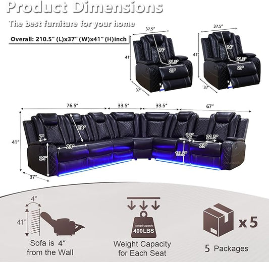 Black Power Reclining Sectional Sofa Set, Living Room Furniture Sets, Leather Recliner Corner Couches and Chair, Power Recliner Sectional with Cup Holder/Storage Console for Living Room