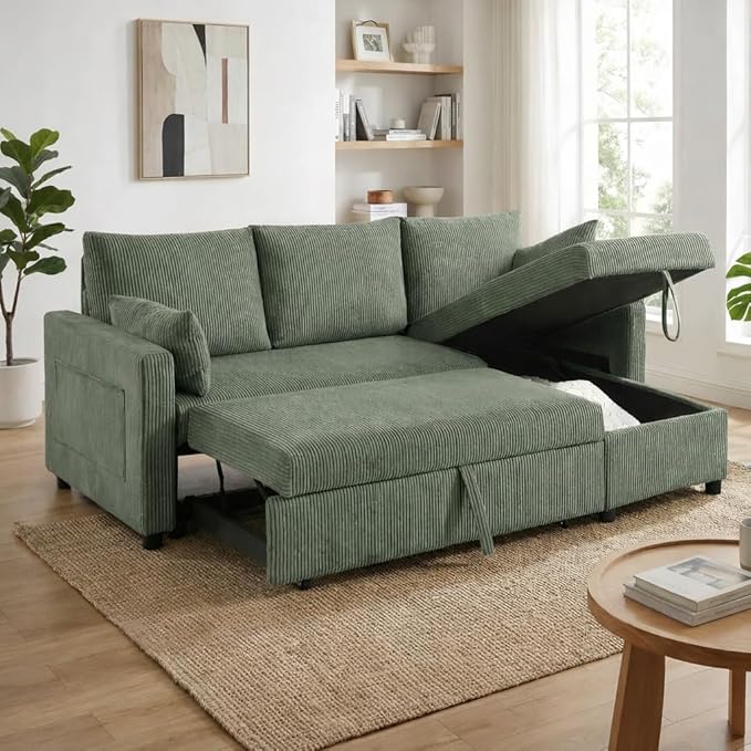 Sectional Sleeper Sofa with Pull Out Bed, L Shape Convertible Sofa Bed Couch with Storage Chaise, 3 in 1 Pull Out Sofa Bed with 3 Seats for Living Room,Apartment, Green, 85Inch