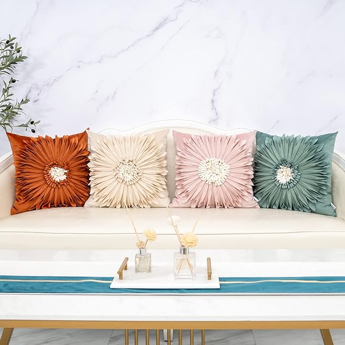 Alerfa 3D Flower Handmade Throw Pillow Cover Decorative Green Velvet Pillowcase Cushion Cover with Hidden Zipper for Couch Bed Living Room Home Decor 18 x 18 Inches