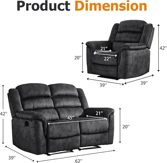 EBELLO 2 Pieces Reclining Loveseat Couch Furniture Set, Soft Fabric Manual Recliner Sofa Home Theater Seating, Manual Recliner and Wide 2PC Bonded Recliner Sofa Set for Living Room, Grey