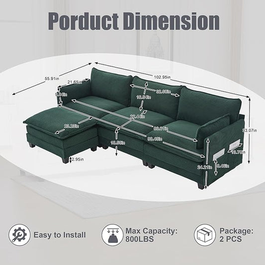 103" Oversized Modular Sectional Sofa Couch with Reversible Ottoman, Free Combination Convertible Corner Couch,Corduroy Upholstered Cloud Sectional Couch with Side Pockets | Multiple Cushions, DIY Combination, Removable Cover