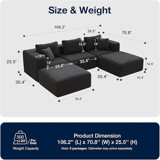 Avenco 106.2” U-Shaped Modular Sectional Sofa Couch with 2 Ottomans, Individually Wrapped Coil Support & Corduroy Fabric, Zero Assembly 5-Piece Set for Mid-Size Living Room, Black