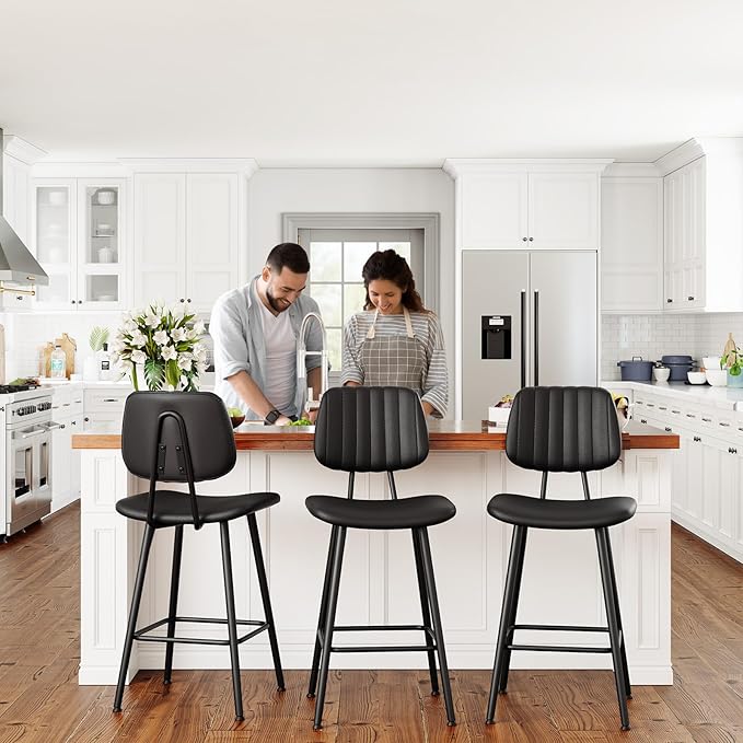 24-Inch Leather Bar Stools, Counter Height Barstools with High Backrest,Bar Chairs for Kitchen Island with Heavy Duty Metal Legs, Black