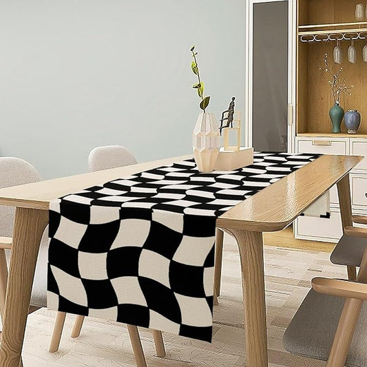 Black White Plaid Table Runner Hippie Abstract Plaid Racing Car Birthday Party Decoration Kitchen Dining Room Decor 13x120in