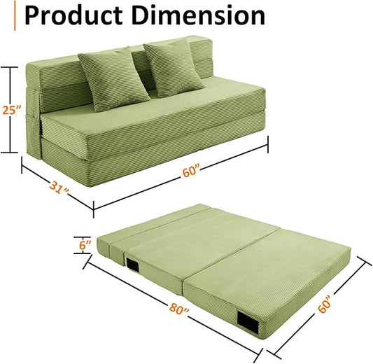 JKMAX Queen Size Folding Sofa Bed - 4 in 1 Convertible Sleeper Chair with Two Pillows - High Density Memory Foam Futon Couch - Foldable Bed for Living Room Bedroom (Green)