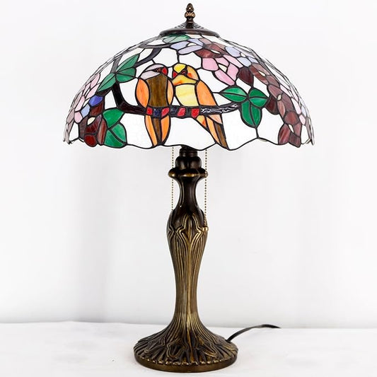 WERFACTORY Tiffany Style Table Lamp Double Birds Colorful Stained Glass Bedside Lamp 16X16X24 Inches Desk Light Metal Base Decor Bedroom Living Room Home Office S803 Series