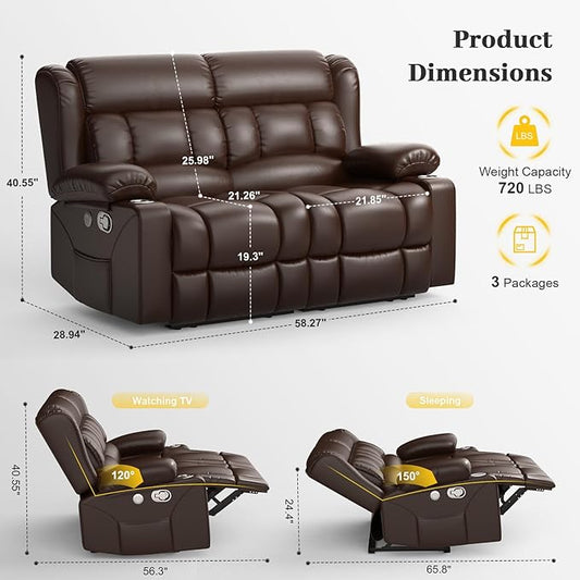 FURNIMAT New Loveseat Recliner Sofa, 2 Seater Reclining Loveseat Sofa, PU Leather Dual Recliner Chair, Modern Loveseat Couch for Living Room, with Cup Holder and USB Ports, Brown