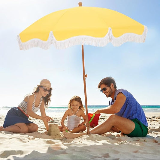 HERA'S PALACE 7ft Heavy Duty Beach Umbrella with Sand Anchor, Fringe Umbrella for Sand, UV 50+, Patio Umbrella with Tilt Pole for Garden Pool Backyard