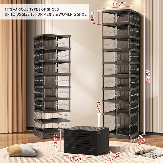 9-Tier Foldable Shoe Rack for Closet Entryway 9-18Pairs,Stackable Clear Shoe Storage Boxes Organizer with Door Plastic Small Shoe Cabinet Bins with Lids Shoes Shelf Easy Assembly Black