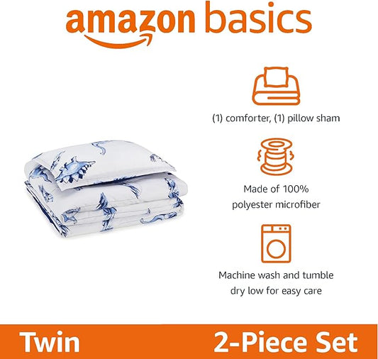 Amazon Basics 2-Piece Soft Microfiber Kid's Comforter and Pillow Sham Set, Twin, Dinosaurs, Animal Print