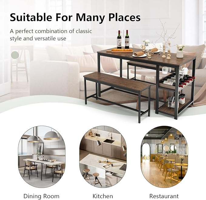 COSTWAY 3-Piece Dining Table Set for 4, Rustic Pub Dining Table with 2 Benches, 2 Storage Shelves and Glass Holder, Breakfast Kitchen Table and Chairs Set for Small Space Kitchen Restaurant Bar