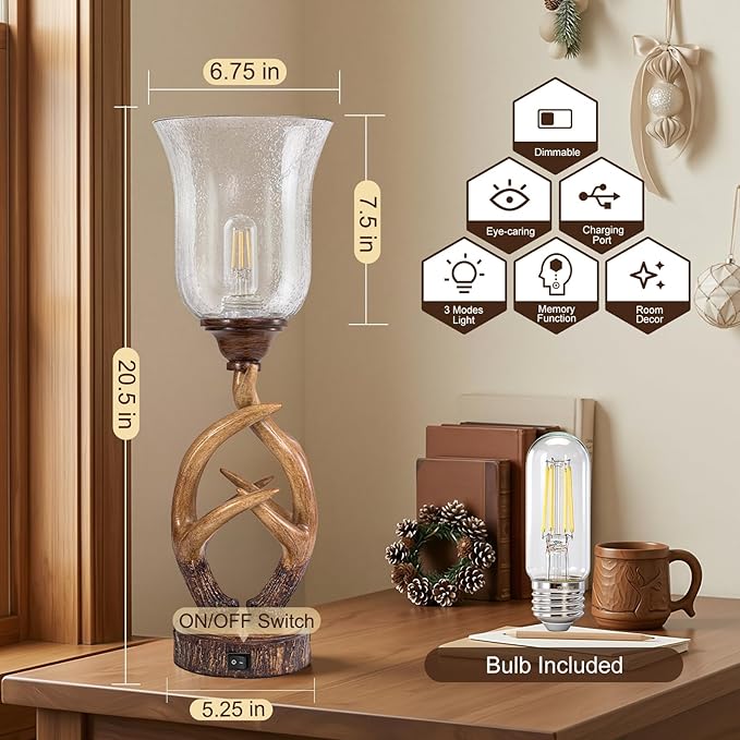 Scenekoy Antler Table Uplight Lamp Set of 2 for Living Room Bedroom, 20.5” Resin Memory Function Bedside Lamps with Glass Shade, Rustic Nightstand Lamp with USB Ports for Home Decor (Bulb Included)