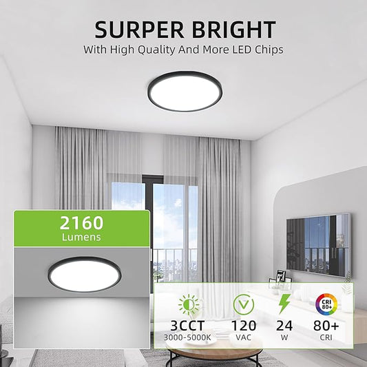 hykolity 12 Inch Selectable CCT LED Round Flat Panel Light, 24W 3000K/4000K/5000K, Edge-Lit Flush Mount Ceiling Light Fixture for Kitchen, Bedroom, Laundry and Closet Room,Black