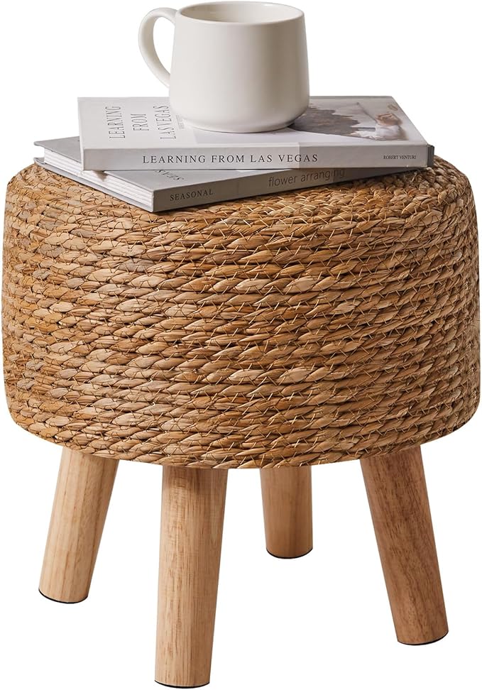 YMYNY Foot Stool Natural Seagrass Hand Weave, 12.6" Small Ottoman, Round Footrest for Living Room, Bedroom, Entryway, Change Shoes Stool, Non-Skid Wood Legs, Boho, Natural, UHBD027N