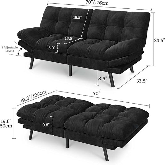 YITAHOME Futon Sofa Bed with 3-Position Adjustable Backrest & Armrests, Upholstered Loveseat Couch Bed, Expandable Foldable Design for Living Room, Bedroom, Small Apartments, Black