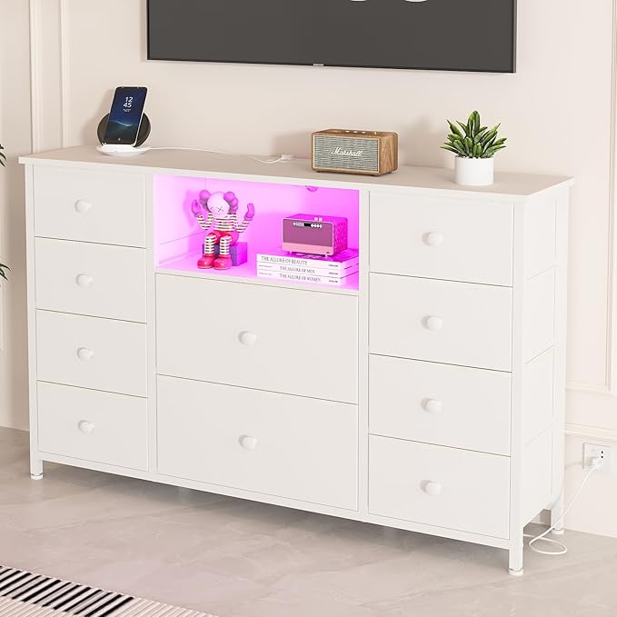 LDTTCUK Dresser with Charging Station and LED Lights, Long Dresser for Bedroom Dresser TV Stand with 10 Drawers, Fabric Chest of Drawers with PU Finish, Wide Dresser Storage Organizer, White