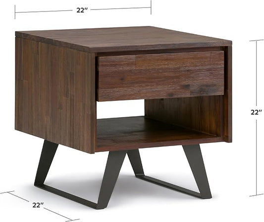 SIMPLIHOME Lowry End Table - 22 inch Wide Solid Acacia Wood Square Accent Table with Drawer and Open Shelf in Distressed Charcoal Brown, Modern Industrial Lamp Stand with Angled Legs for Living Room