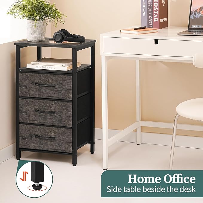 Yoobure Night Stand with Charging Station, 16 Colors LED Nightstand with USB Ports and Outlets, End Table with 3 Fabric Drawers and Storage Shelf, Bedside Tables Small Dresser for Small Space Gray