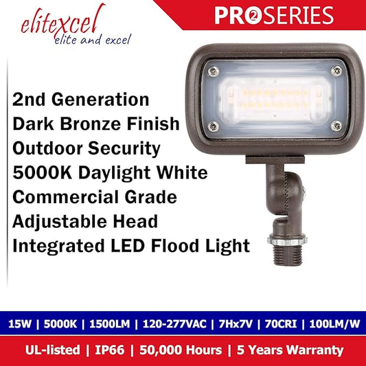 Flood Lights Outdoor, Gen2 15W Landscape Lighting, 50W MH Replace with 1500 Lumen 5000K Daylight Spotlight, 120-277V Garage Yard Patio Tree Security Light, UL-Listed, 5 Years Warranty