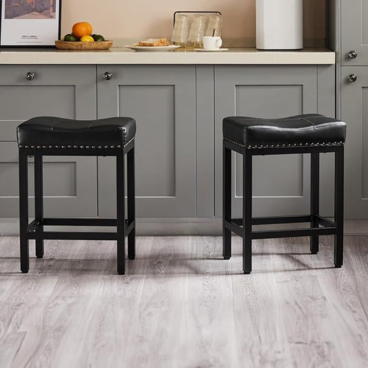Bar Stools Set of 4, Upholstered Counter Height Stools with Padded Seats and Metal Base, Leather Saddle Stool for Modern Kitchen Island, 22.4-Inch, Black