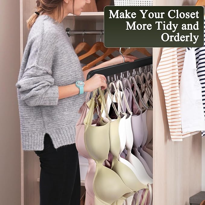 2 Pack Bra Hangers for Closet Organizer, Round Rectangle Bra Organizer with 40 Stainless Steel Hooks, Wooden Tank Top Hanger, Closet Organizers and Storage for Bras Camis Belts Ties, Black Hanger