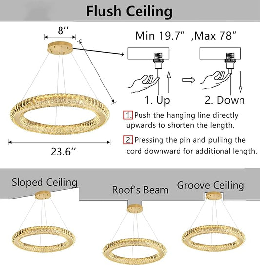 LED Chandelier Modern Dimmable Dining Room Chanderliers Entryway Crystal Ring Pendant Lights for Kitchen Bedroom Living Room Gold Light