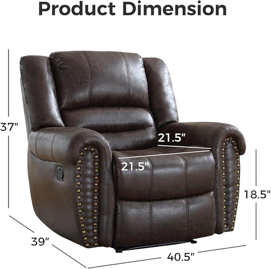 EBELLO Faux Leather Manual Recliner Chair, Classic Single Reclining Chair with Comfortable Armrest and Backrest, Vintage Rivet Mid-Century Design for Living Room, Bedroom, Dark Brown